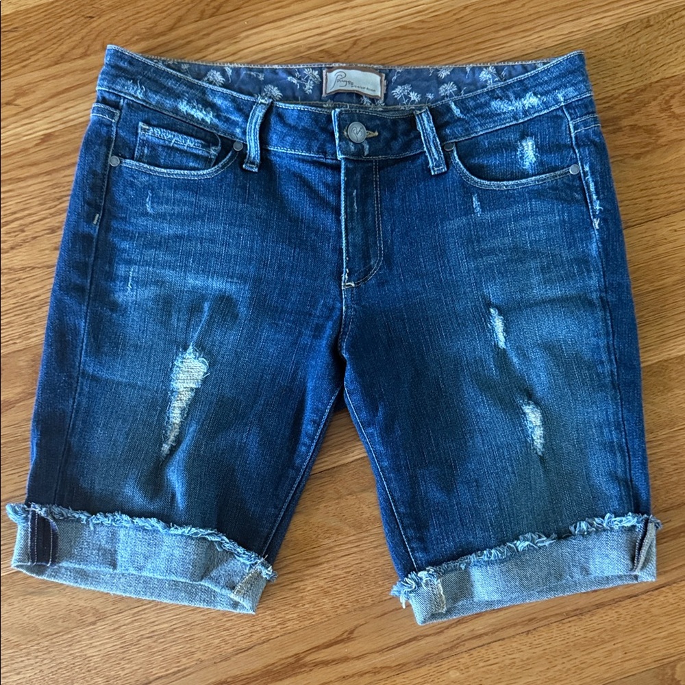 PAIGE Blue Distressed Jean Shorts